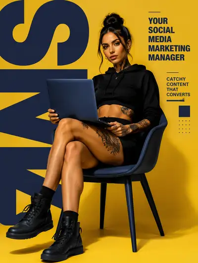 Fashion poster of a woman with a laptop for a marketing brand
