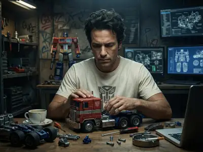 Man assembling Optimus Prime toy model in workshop