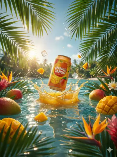 Mango Tango juice can bursting from ocean water
