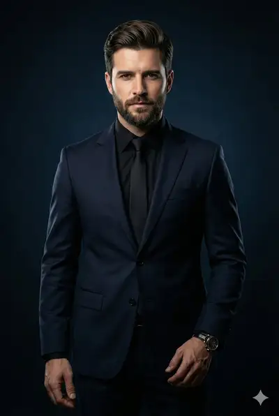 Retrato corporativo de lujo de un hombre barbudo y seguro de sí mismo