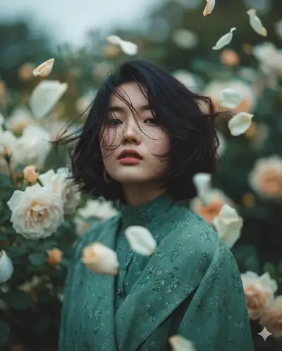 Dreamy Fine-Art Garden Portrait with Floating Petals