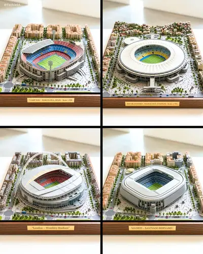 Museum-quality miniature diorama of a city stadium