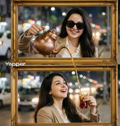 Surreal two-frame illusion of tea pouring between portraits