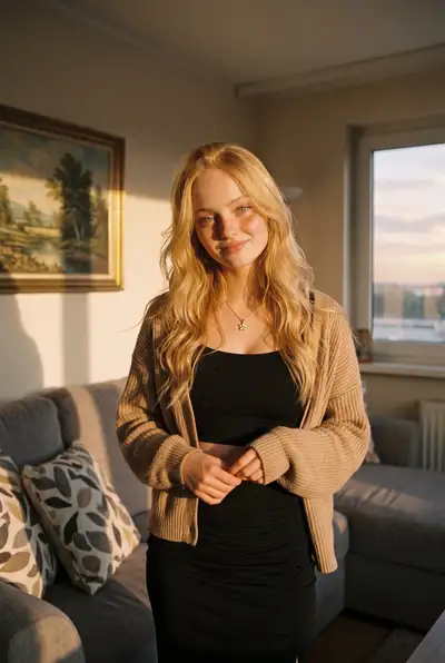 Golden Hour Living Room Portrait in Black Crop Top
