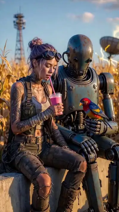 Photorealistic Post-Apocalyptic Woman and Robot