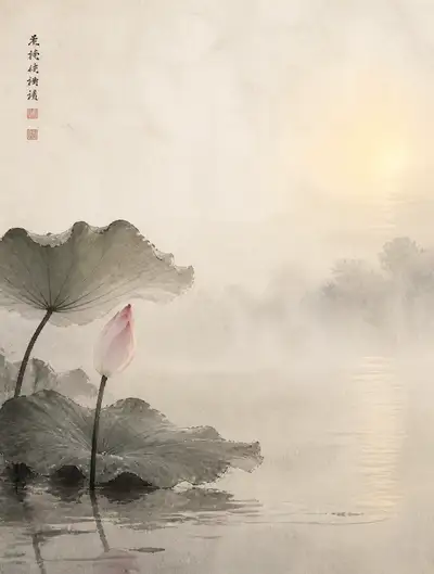 Chinese ink wash lotus pond zen illustration