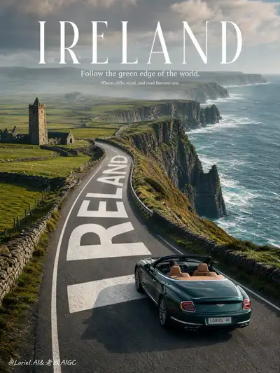 Ultra-premium Ireland tourism campaign poster with road typography