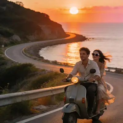 Romantic Coastal Scooter Ride at Sunset