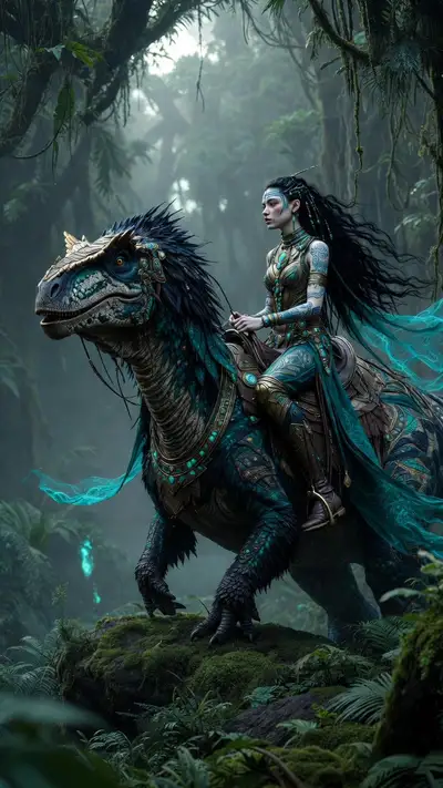 Tribal Queen Riding Feathered Dinosaur in Rainforest