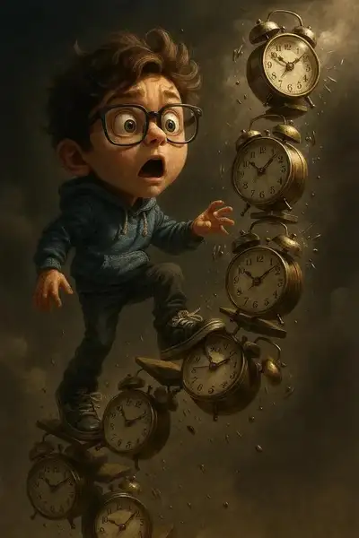 Cinematic Pixar-Style Time Collapse Illustration