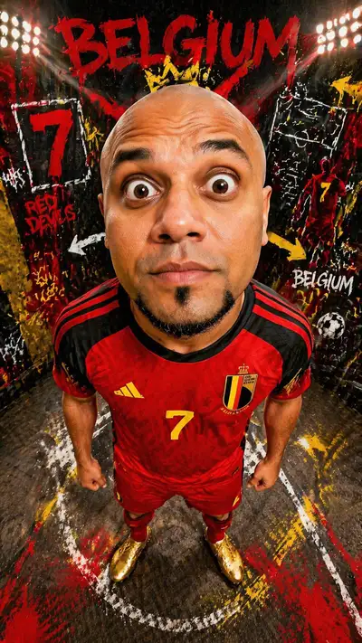 Caricature sports portrait of a Belgian footballer through a fisheye lens