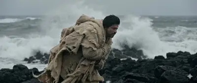 Windswept rock-coastline portrait with locked facial identity