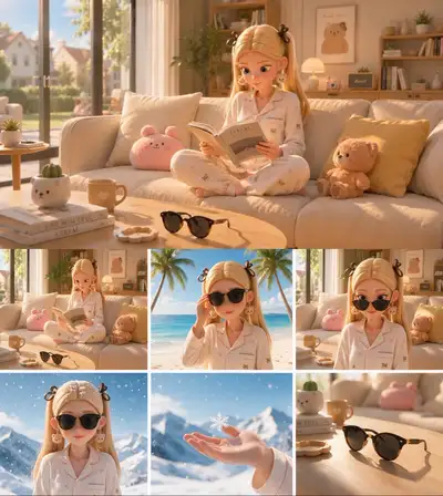 Sunglasses transport girl to magic worlds commercial prompt