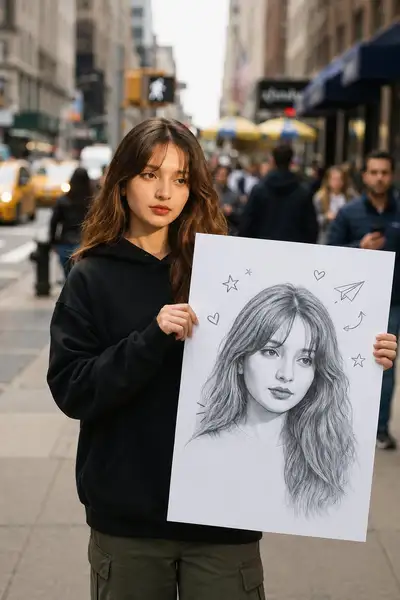 Street Portrait with Self-Drawn Poster