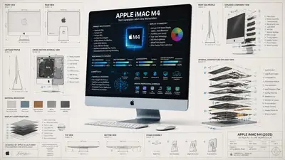 Apple iMac M4 industrial design blueprint infographic