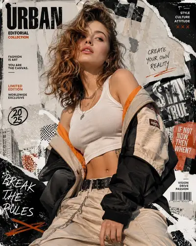 Urban fashion editorial collage poster with torn paper texture