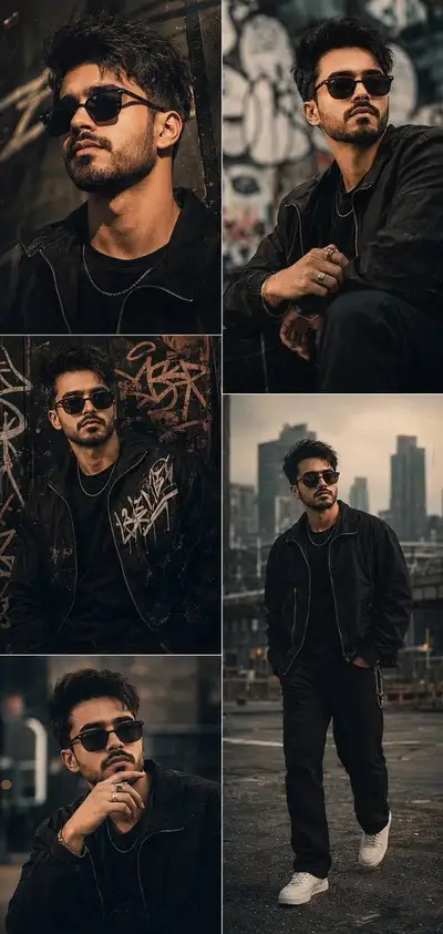 Cinematic five panel male portrait collage with handwritten text