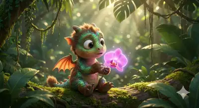 Sloth-Dragon Baby with Magical Orchid