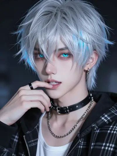 Anime portrait of an androgynous boy with silver-white hair