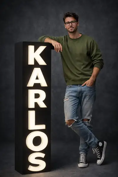 Full-Body Studio Portrait with Illuminated Sign