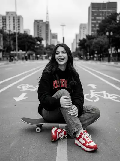 Retrato en blanco y negro en un skate park con acento rojo