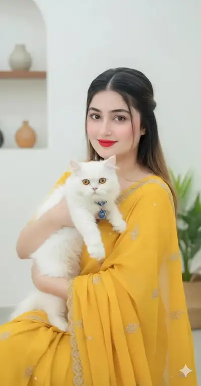 Woman in Yellow Saree with Persian Cat