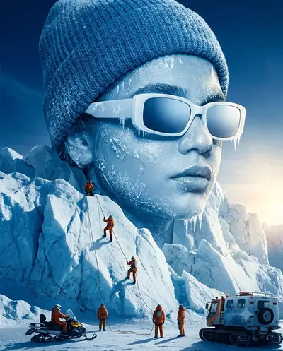 Riesige Frau, die aus einem Gletscher auftaucht, episches Matte Painting