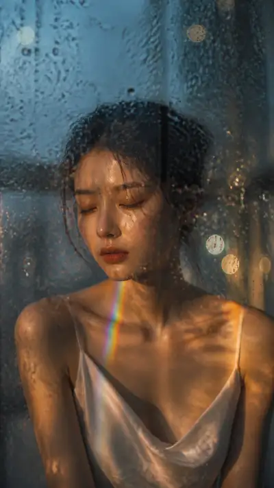 Cinematic film-style portrait through a rainy window