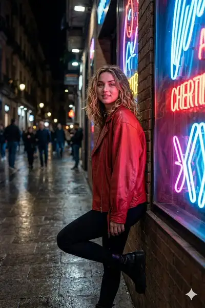 Retrato de rua com neon urbano e jaqueta de couro vermelha