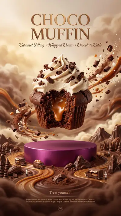 Pôster publicitário de padaria de muffin de chocolate e caramelo