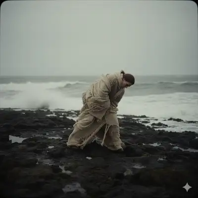 Windswept coastal portrait in oversized raw-wool layers