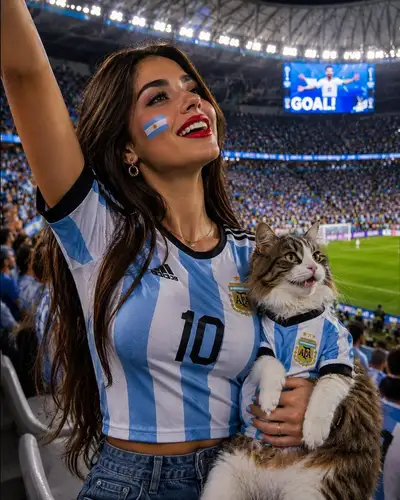 Football Fan Portrait at a World Cup Stadium With a Cat