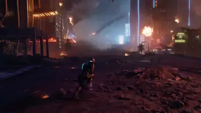 Futuristic Warrior Sprinting Through Collapsing City