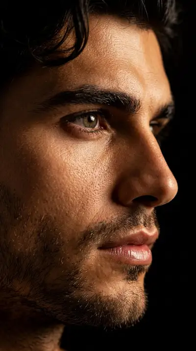 Retrato de meio rosto entre sombras com iluminação dramática de baixo contraste