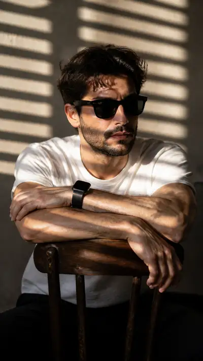 Moody cinematic portrait with Venetian blind shadow lighting