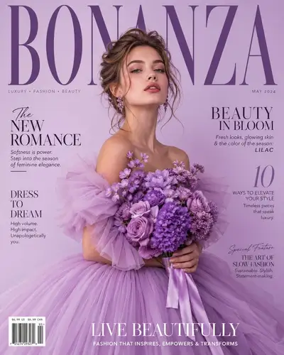Lavender high-fashion magazine cover portrait