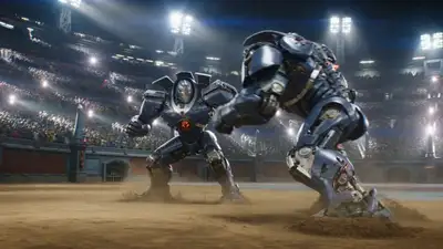Bataille de robots dans un colisée futuriste ultra-réaliste