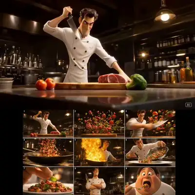 3D animated chef cooking a stir-fry with dramatic wok flames