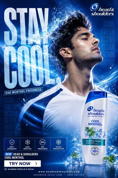 Anti-dandruff shampoo campaign poster with cooling effects