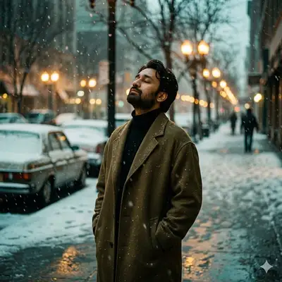 Retrato de rua nevada com referência facial, feito com Nano Banana