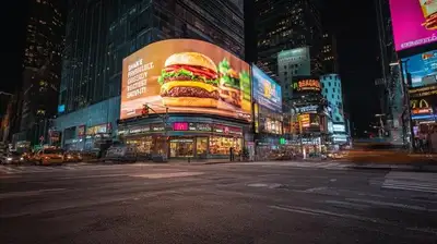 Times Square style burger billboard cityscape at night