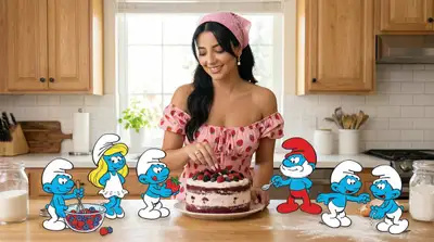 Ultra-Photoreal Cartoon Reality Scene: Smurfs in Kitchen