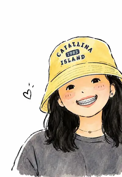 Watercolor Anime Portrait of Girl in Yellow Bucket Hat