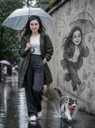 シネマティックな雨の街角ポートレートと、カートゥーン壁画
