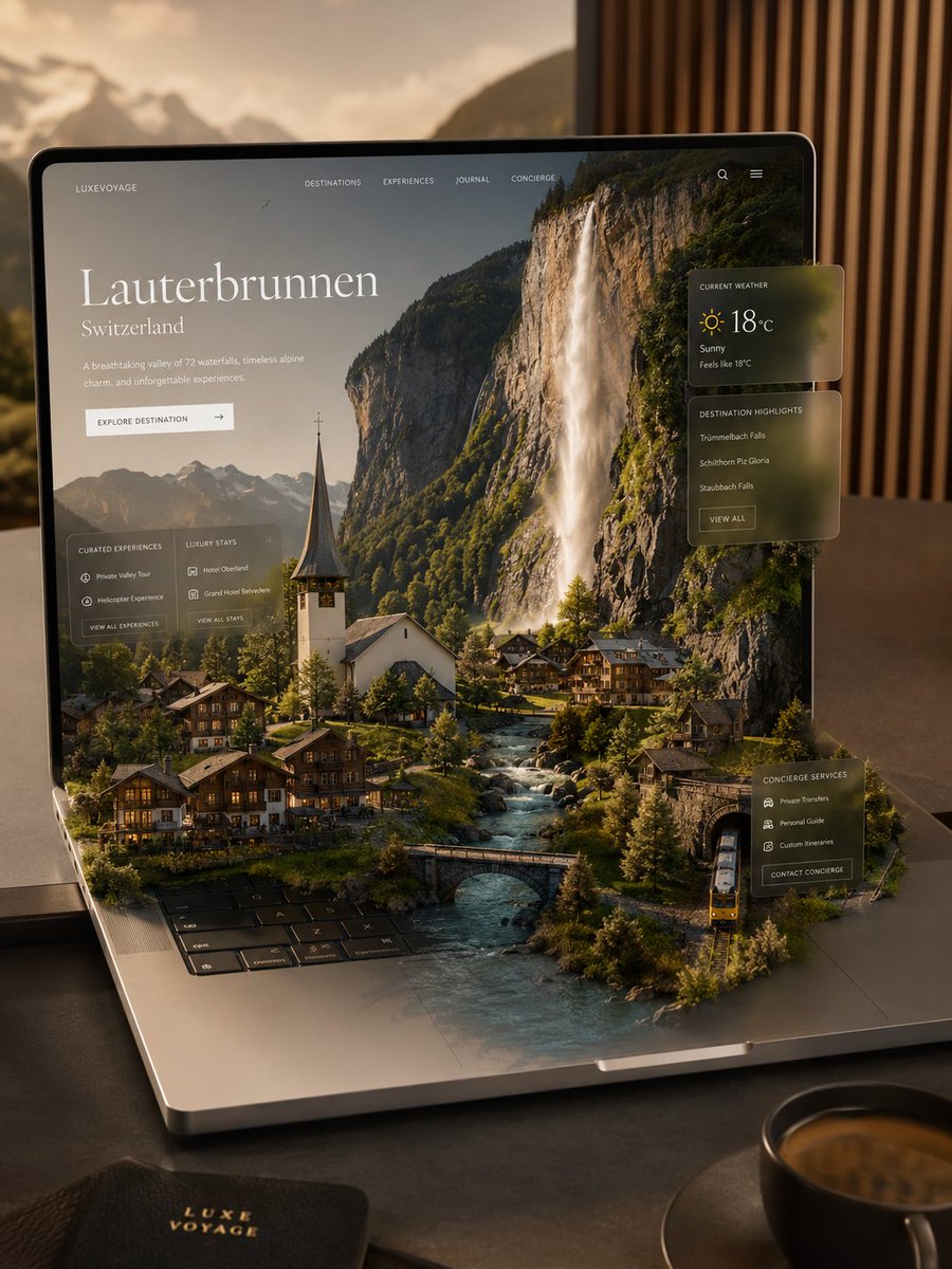 Miniature travel destination diorama emerging from a laptop