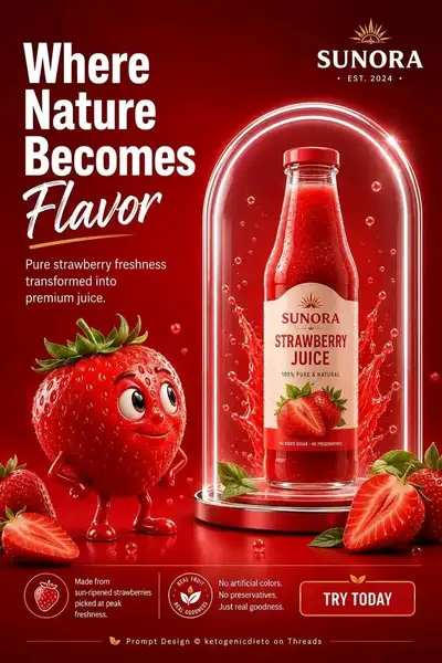 Premium fruit juice bottle advertisement with 3D mascot