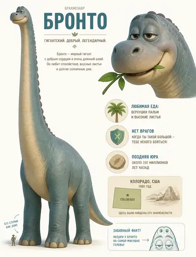 Pixar-style character concept sheet: gentle giant Bronto