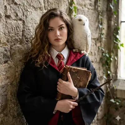Hogwarts-style portrait with robe, wand and owl