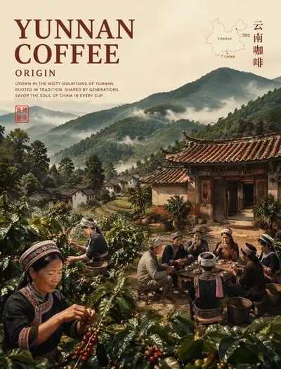 Yunnan coffee origin editorial illustration with layered depth