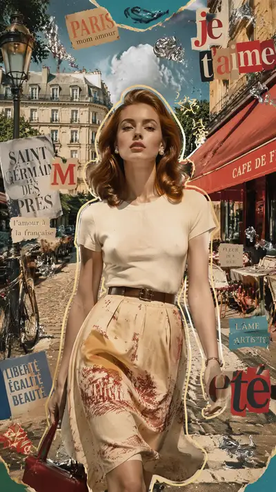 Mixed media collage portrait of vintage Parisian woman
